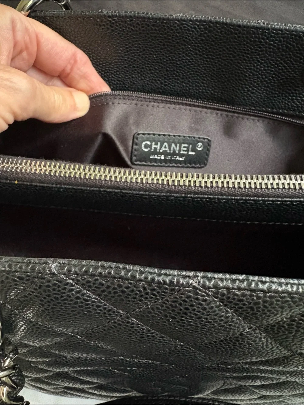 CHANEL Black Quilted Caviar Leather Tote with Silver Chain Handles